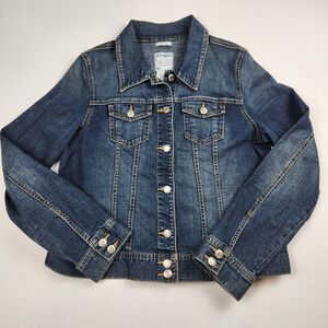 Old Navy Denim Trucker Jacket Womens L Fitted Stretch Med Wash Pockets Casual